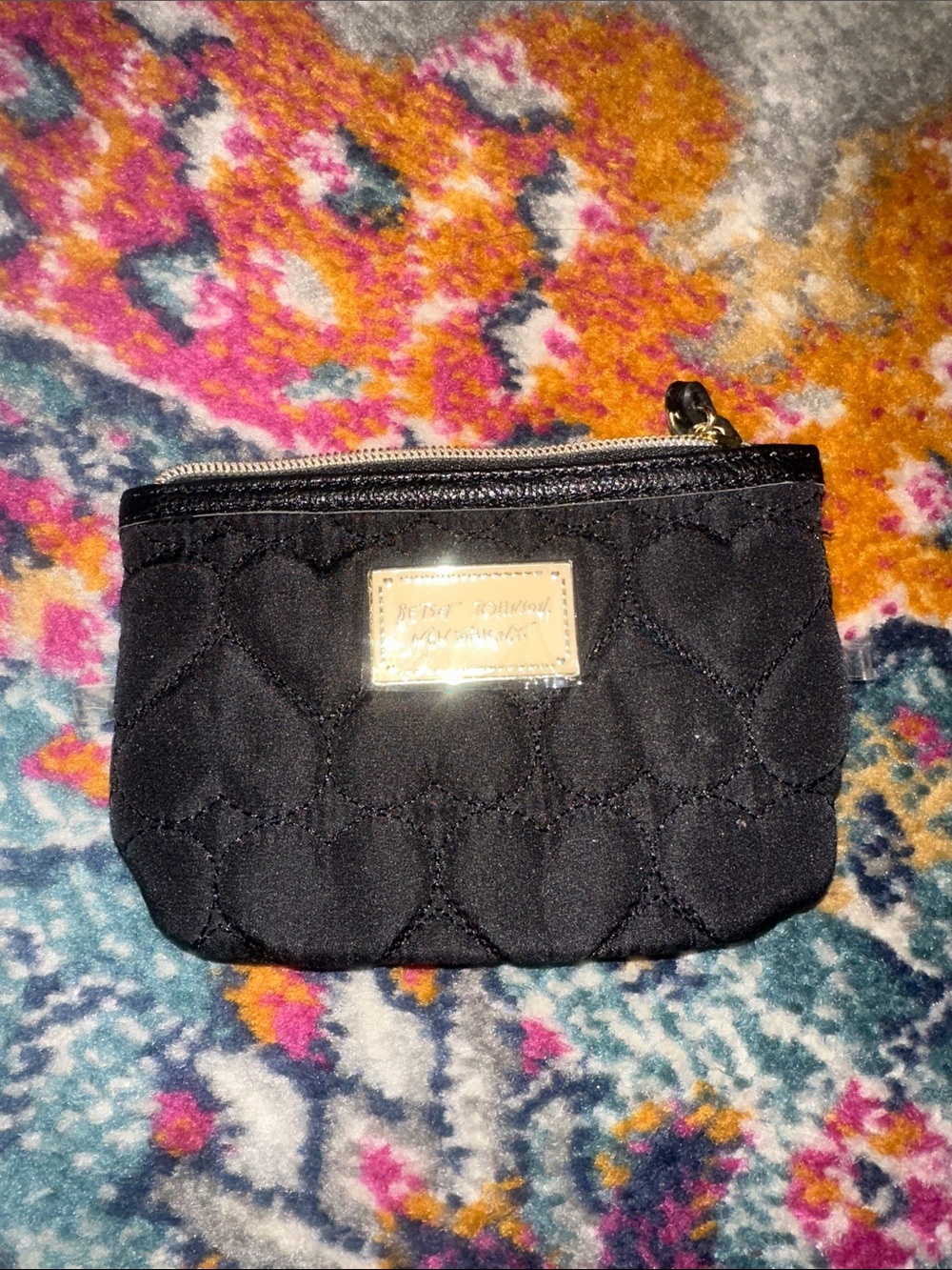Black Betsey Johnson Quilted Cosmetic Pouch with Gold Plaque